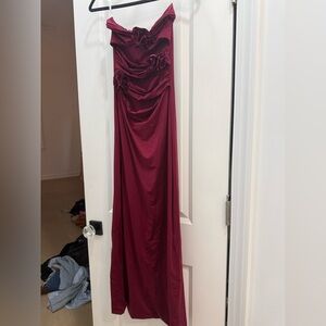 Strapless Burgundy Maxi Dress with Rosette Accents